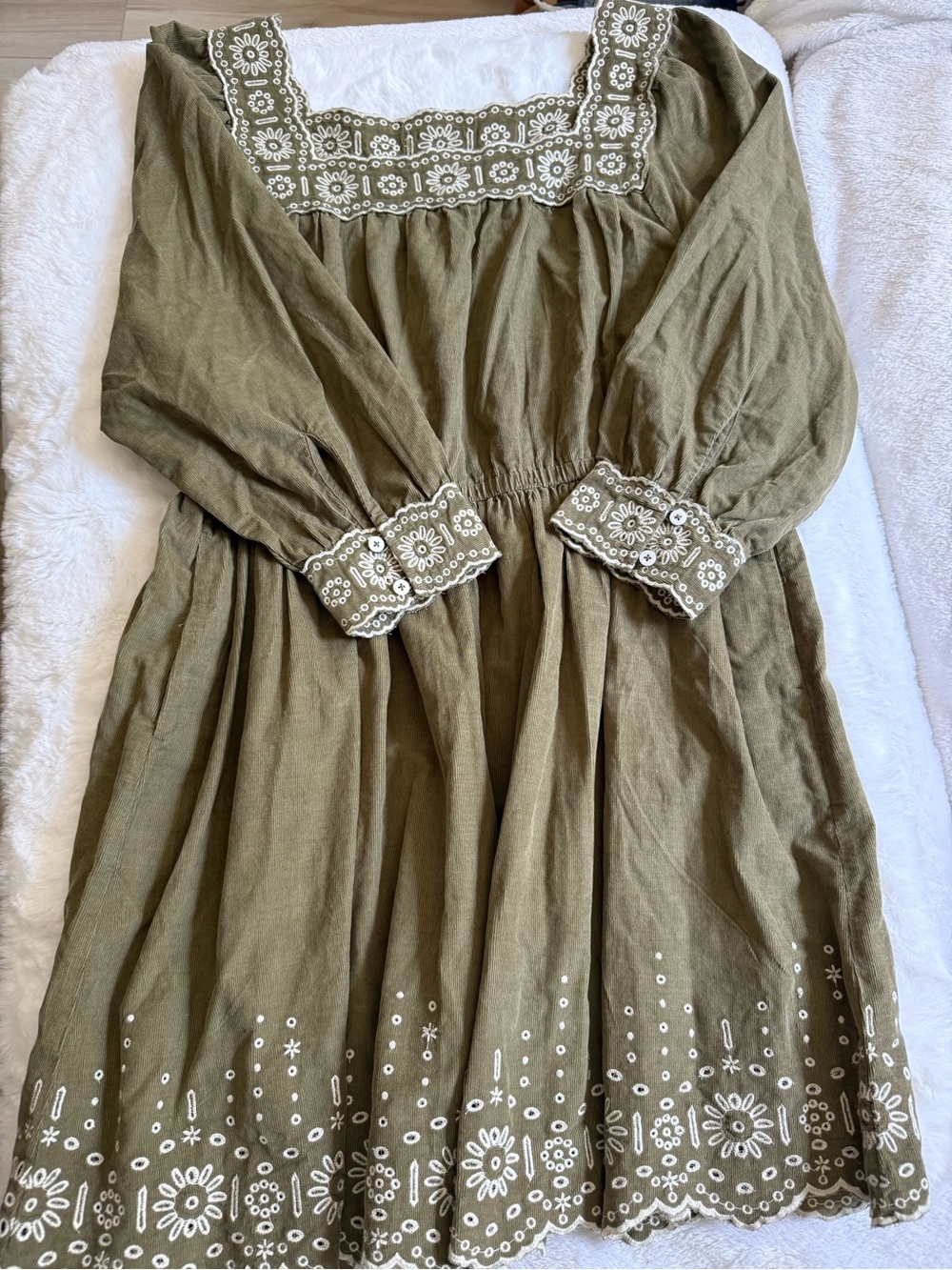Madewell Embroidered Corduroy Square Neck Mini Dress Women’s XL Olive Gr - Picture 5 of 15